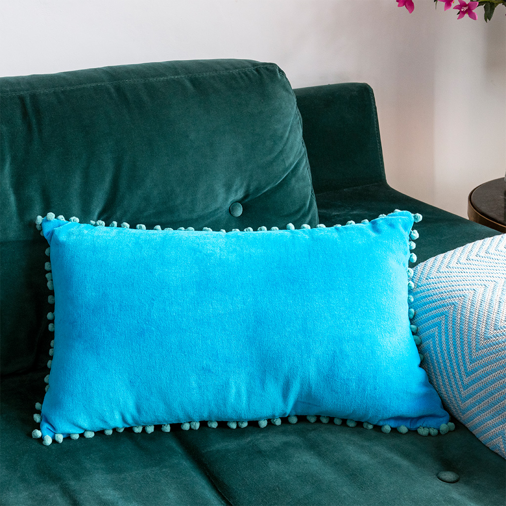 Velvet pom pom cushion Blue ﻿Rex London