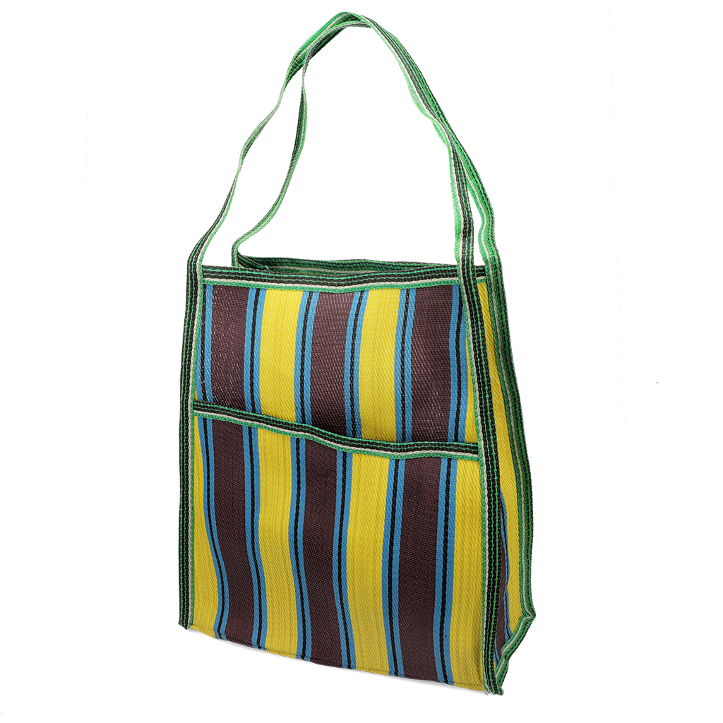 Recycled woven bag with side pocket - Brown, yellow, teal | ﻿Rex