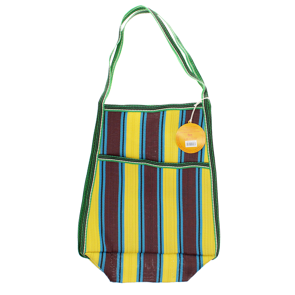 Recycled woven bag with side pocket - Brown, yellow, teal | ﻿Rex