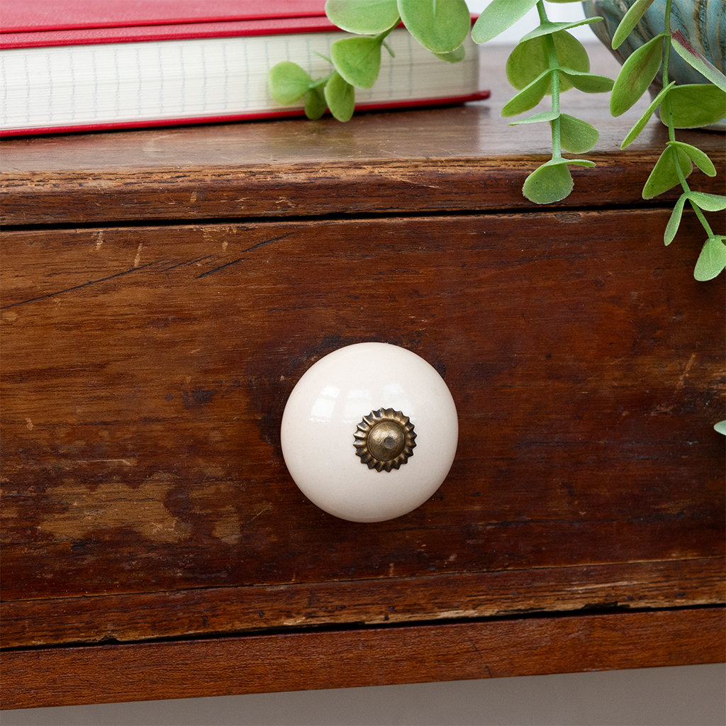 6-Piece White Ceramic Round Drawer Knobs – Vintage Dresser Handles With Black Point Accent, Zinc Alloy Screws Included