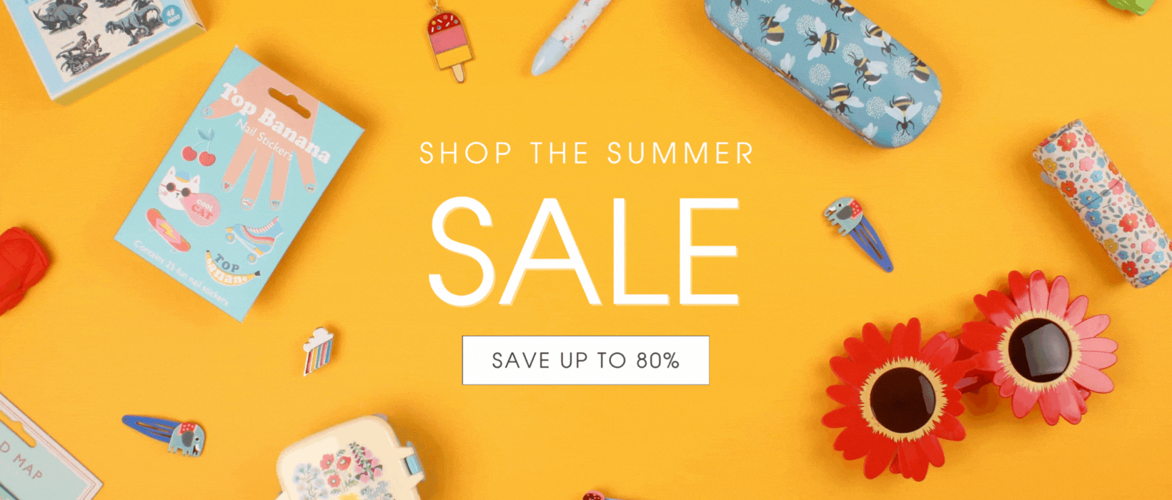 A banner with the text 'Shop the summer sale. Save up to 80%' is surrounded by animated items