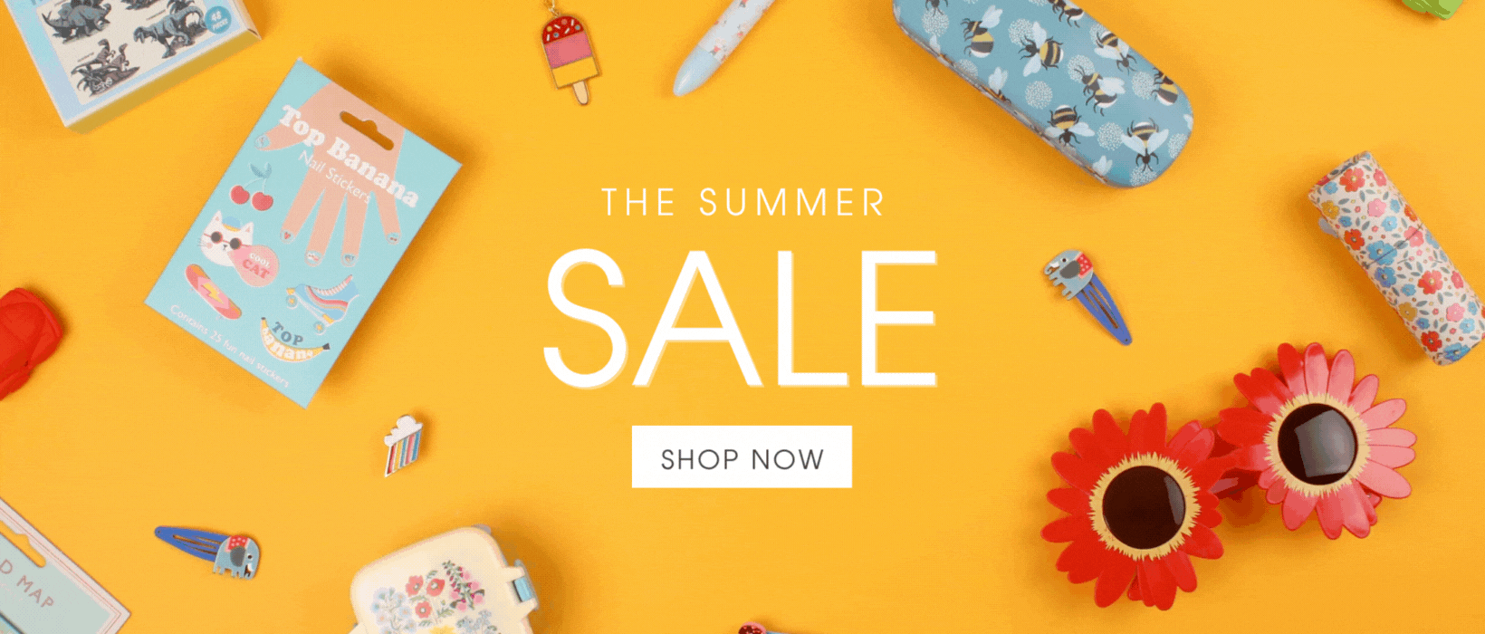 A yellow banner reads 'Summer sale now on' with small items animating around it