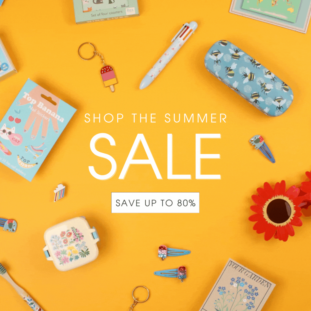 A banner with the text 'Shop the summer sale. Save up to 80%' is surrounded by animated items