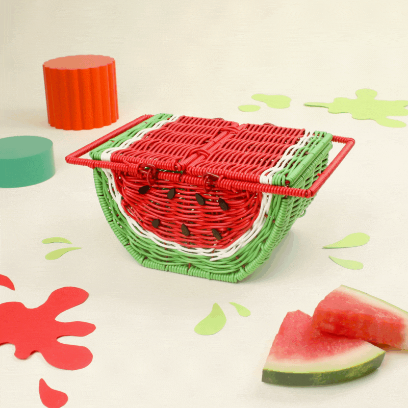 Two fruit-shaped picnic baskets animate to spin and open
