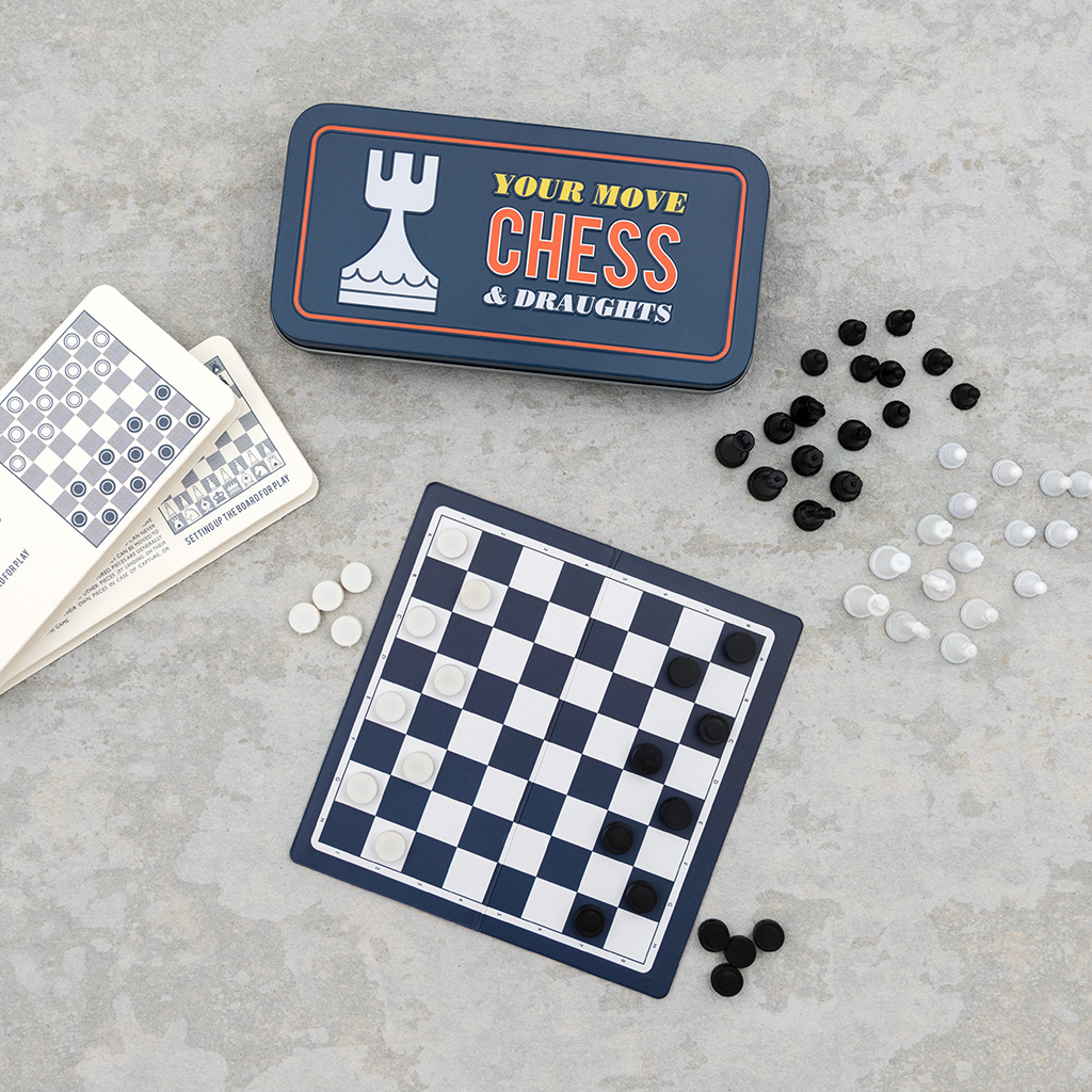 Travel chess and draughts game in a tin | Rex London