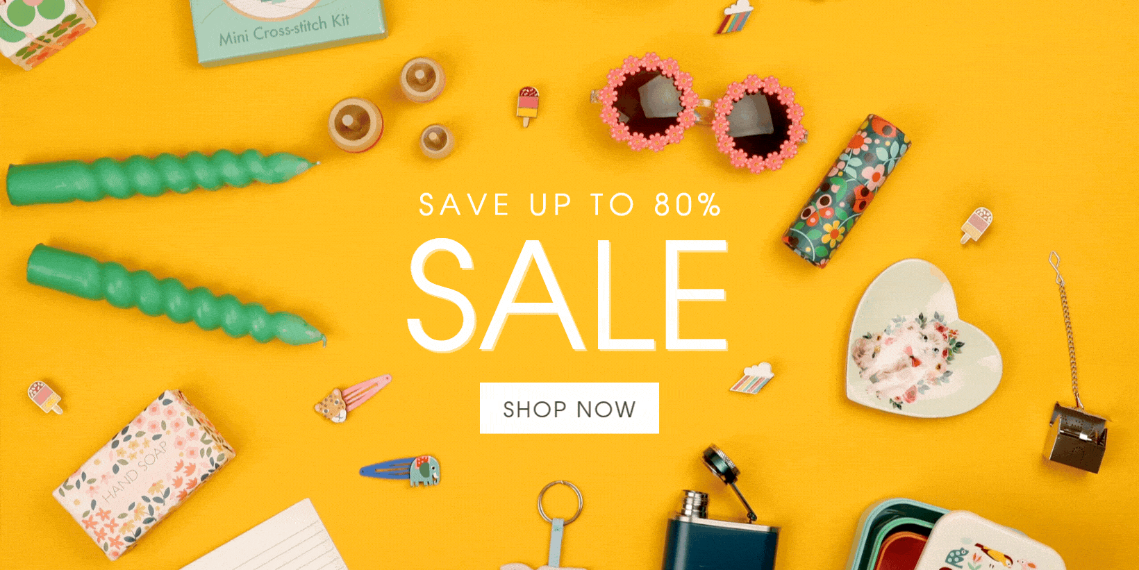 A stop motion video with the words 'Save up to 80%. Sale. Shop now.' surrounded by small items animating.