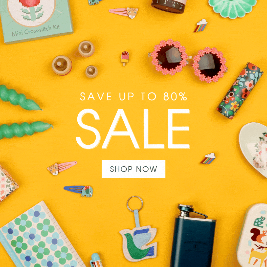 A stop motion video with the words 'Save up to 80%. Sale. Shop now.' surrounded by small items animating.