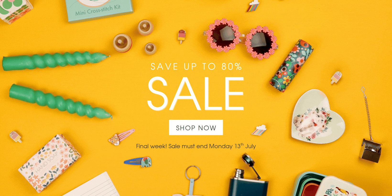 A stop motion video with the words 'Save up to 80%. Sale. Shop now. Final week.' surrounded by small items animating.