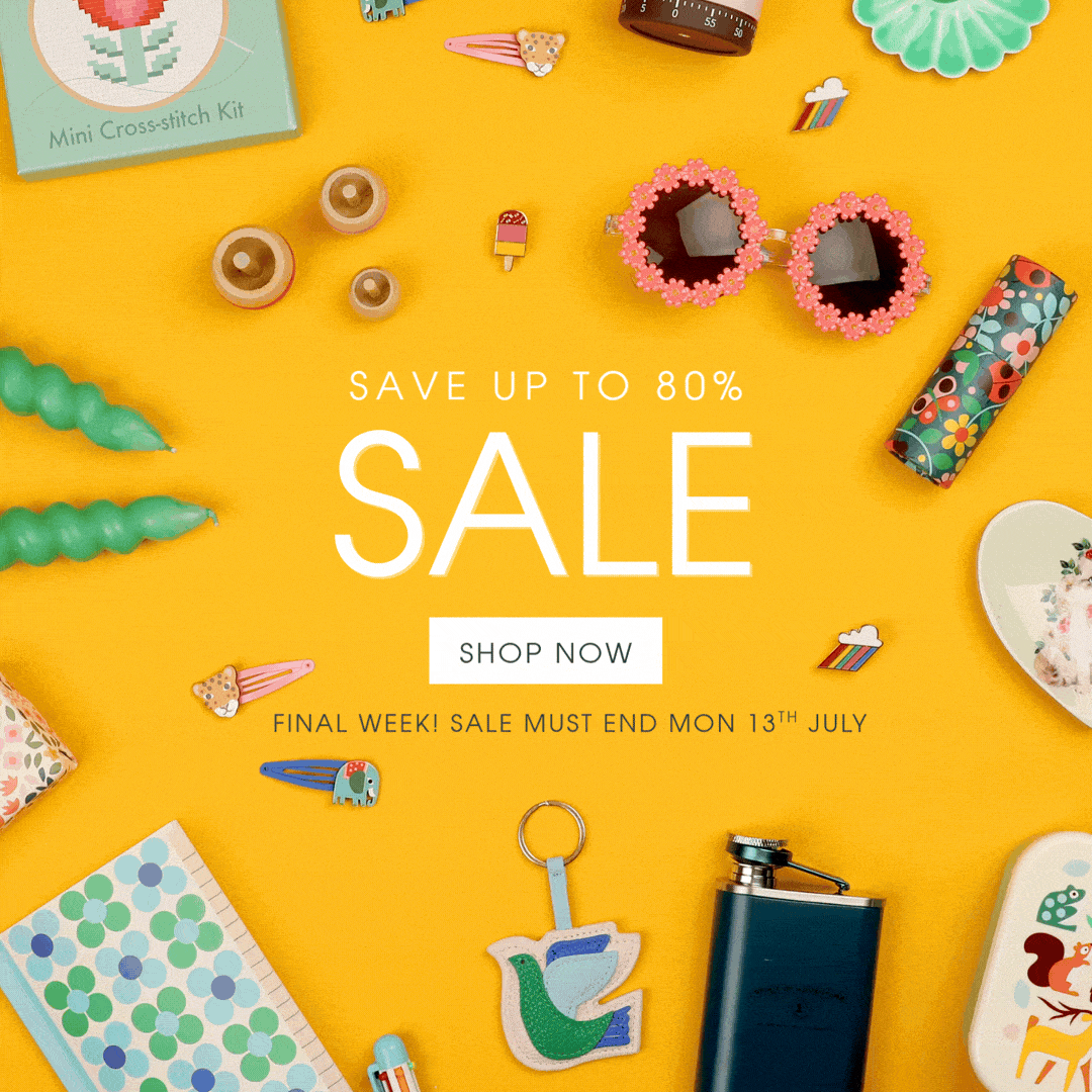 A stop motion video with the words 'Save up to 80%. Sale. Shop now.' surrounded by small items animating.