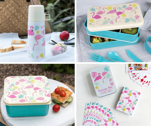Flamingo Bay picnic flask, bento box and lunch box, playing cards