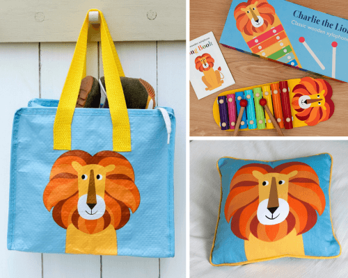 Charlie the Lion charlotte bag, xylophone and cushion