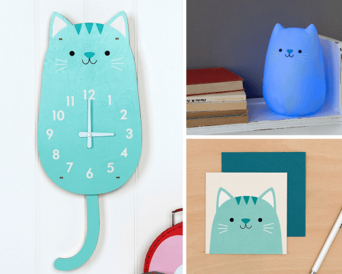 Cookie the Cat wall clock, night light and card