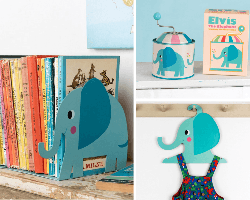 Elvis the Elephant bookends, music tin box and clothes hanger