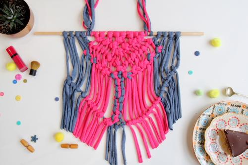 Pink and blue macrame wall hanging decoration