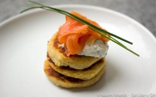 Potato pancakes with smoked salmon, chives and cream cheese