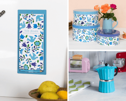 Folk Doves magnetic shopping list, cake tins, retro blue coffee pot timer Folk Doves magnetic shopping list, cake tins, retro blue coffee pot timer