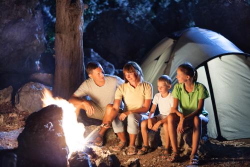 family gathered around an inviting campfire