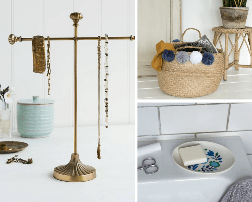 Brass jewellery stand, pom pom basket, Folk Doves trinket tray