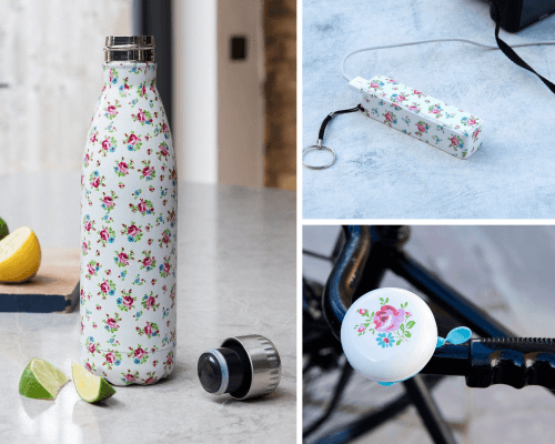 La Petite Rose water bottle, USB charger, bike bell