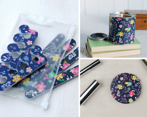 Ditsy Garden nail file kit, scented candle, compact mirror