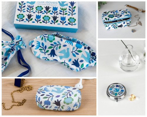 Folk Doves eye mask, jewellery box, pill box, mini travel case