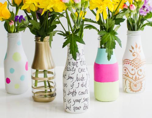 Hand-decorated glass bottle flower vases