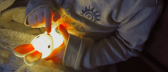 A child holding a rabbit night light