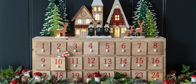 Wooden Christmas advent calendar with light up festive scene