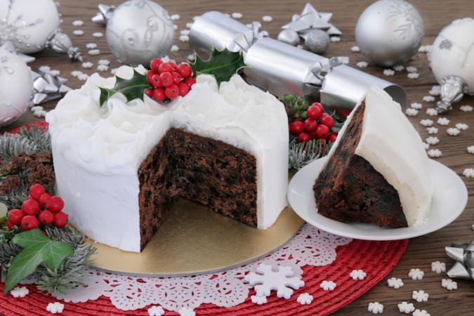 Christmas fruit cake decorated with icing sugar