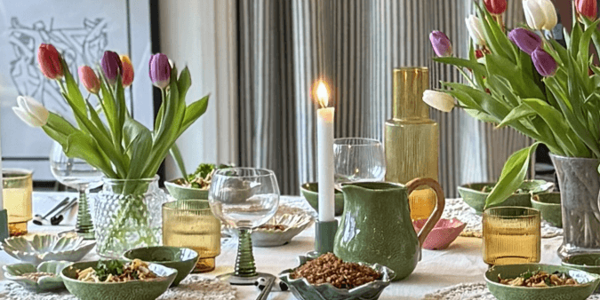 Flowers and green tableware on spread