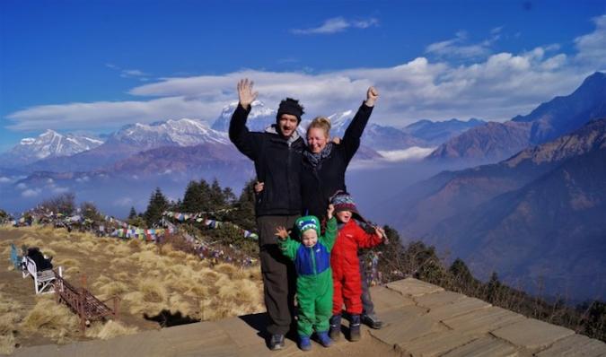 family of four in the mountains