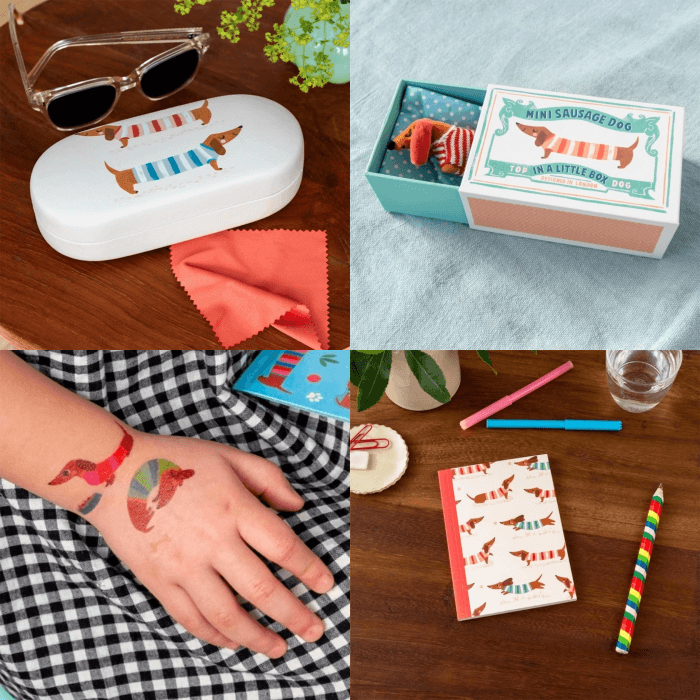 Sausage dog glasses case, sausage toy in a box, sausage dog temporary tattoo, & sausage dog A6 notebook
