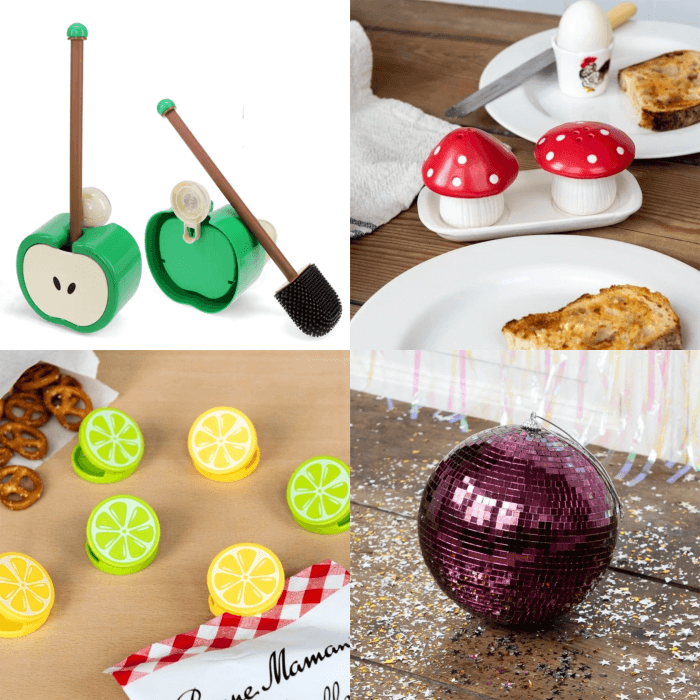 Apple toilet brush, mushroom salt and pepper shaker, lime bag clips & plum disco ball