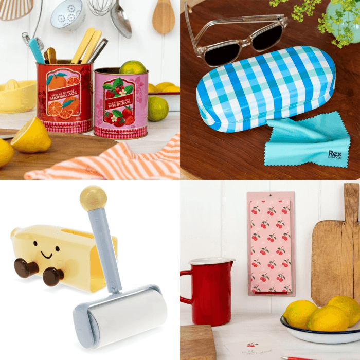Lyme Bay Preserves medium tins, gingham glasses case, banana lint roller & little cherry shopping list
