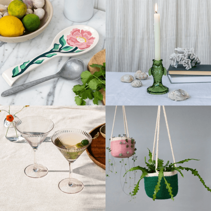 Spoon rest, candle holder, martini glass & hanging basket