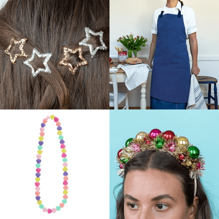 Star glitter clips, blue apron, colourful heart necklace & festive bauble headband