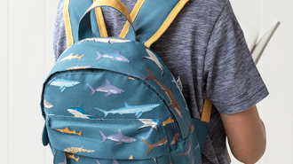 A selection of vibrant backpacks for kids, featuring with sharks designs.