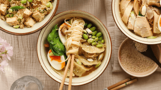 3 ramen bowls with flowers