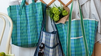 Assorted green and blue checked travel bags and shopping bag hanging on hooks.