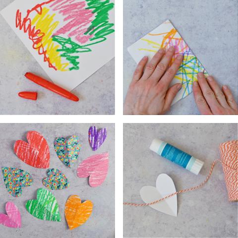 A grid showing the steps to colour and cut out a paper heart