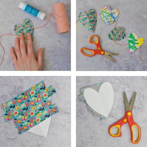 A grid showing the steps to make a paper heart using washi tape