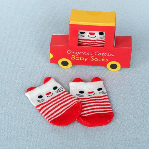 A pair of red cat socks for babies
