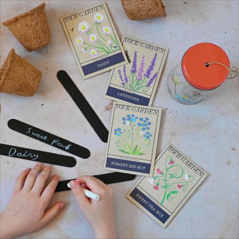 A spread of seed packets and pots, with a hand writing on a plant label