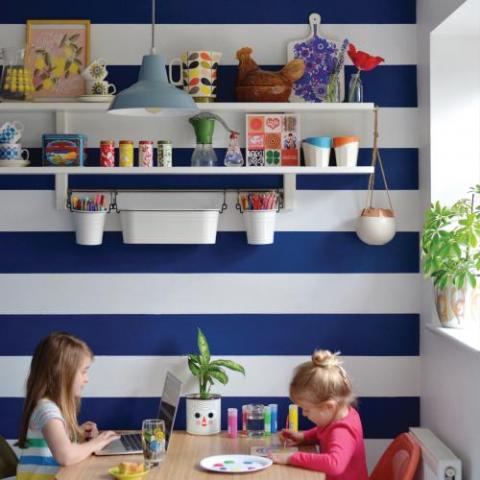 Blue and white stripy wall in kitchen