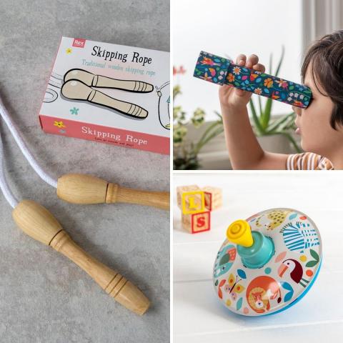 A traditional skipping rope, a kaleidoscope and a spinning top