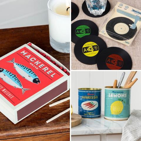 Fish matches, vinyl record coasters and storage tins