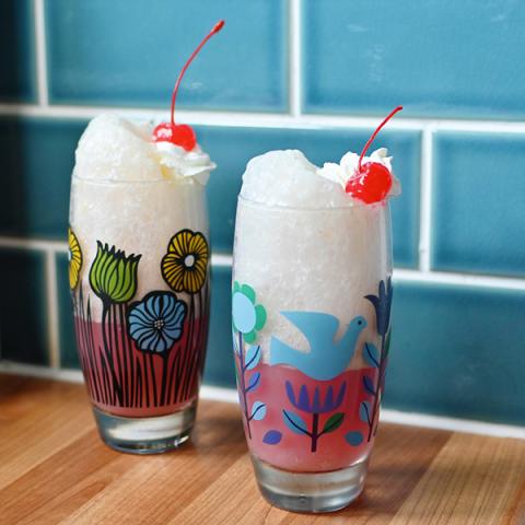 Cherryade floats in patterned drinking glasses