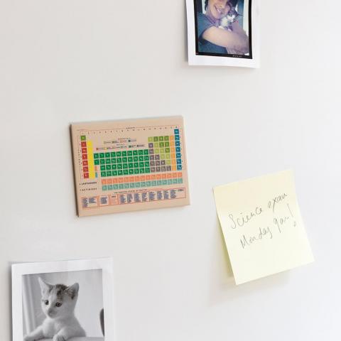 Periodic Table fridge magnet on a fridge with a post-it note and polaroids
