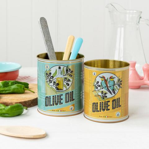 Two tins with retro Olive Oil food branding, filled with kitchen utensils