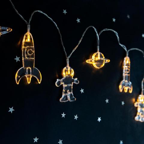 Space Age rocket and astronaut string lights